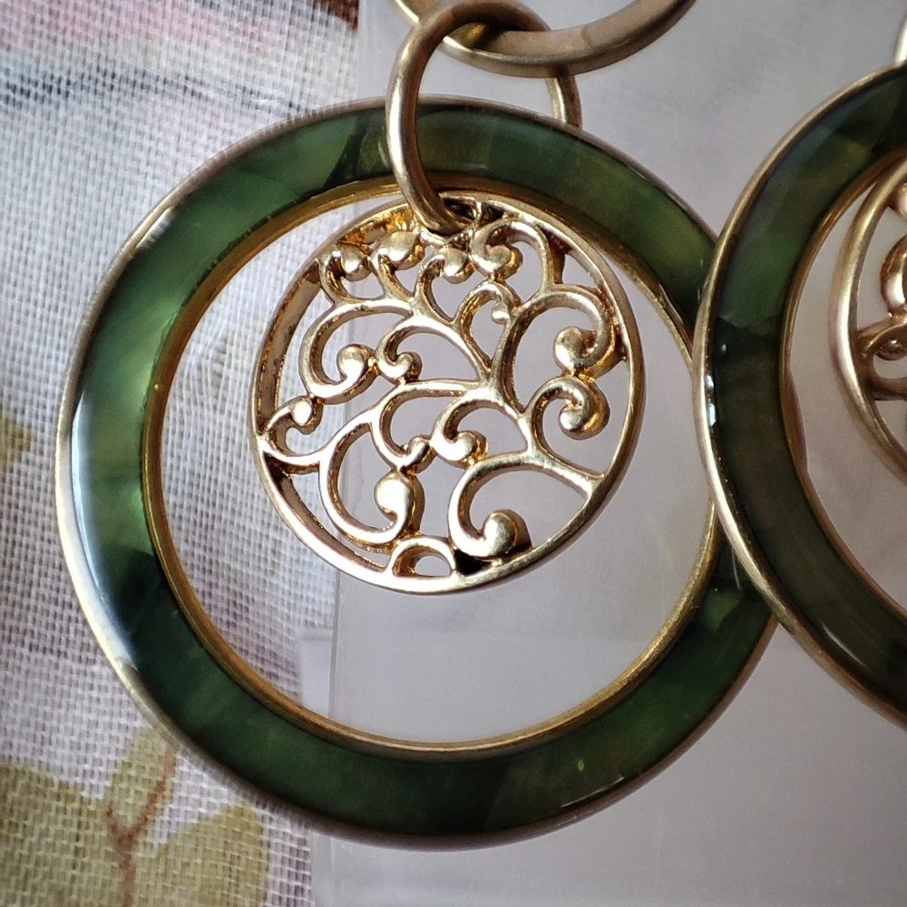 Lia Sophia Green Faux Abalone Brass Tone Pierced Earrings NOC LS Tree of Life
